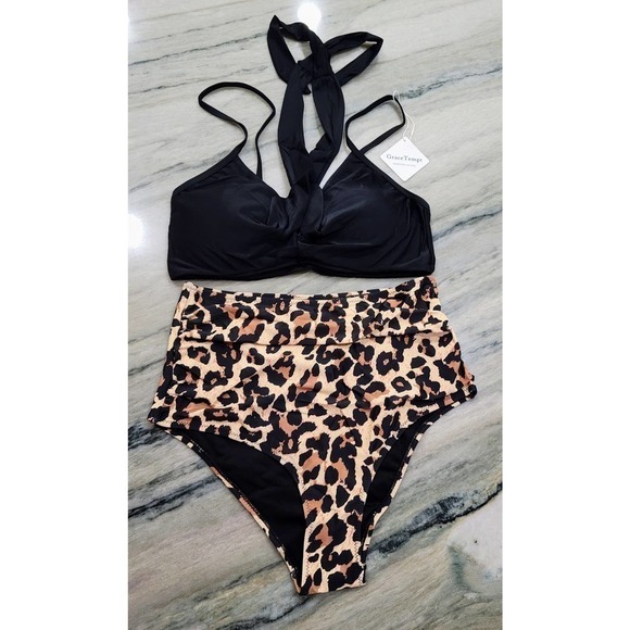 Grace Tempt Black Leopard High Waisted Bikini Large NWT - Picture 1 of 9